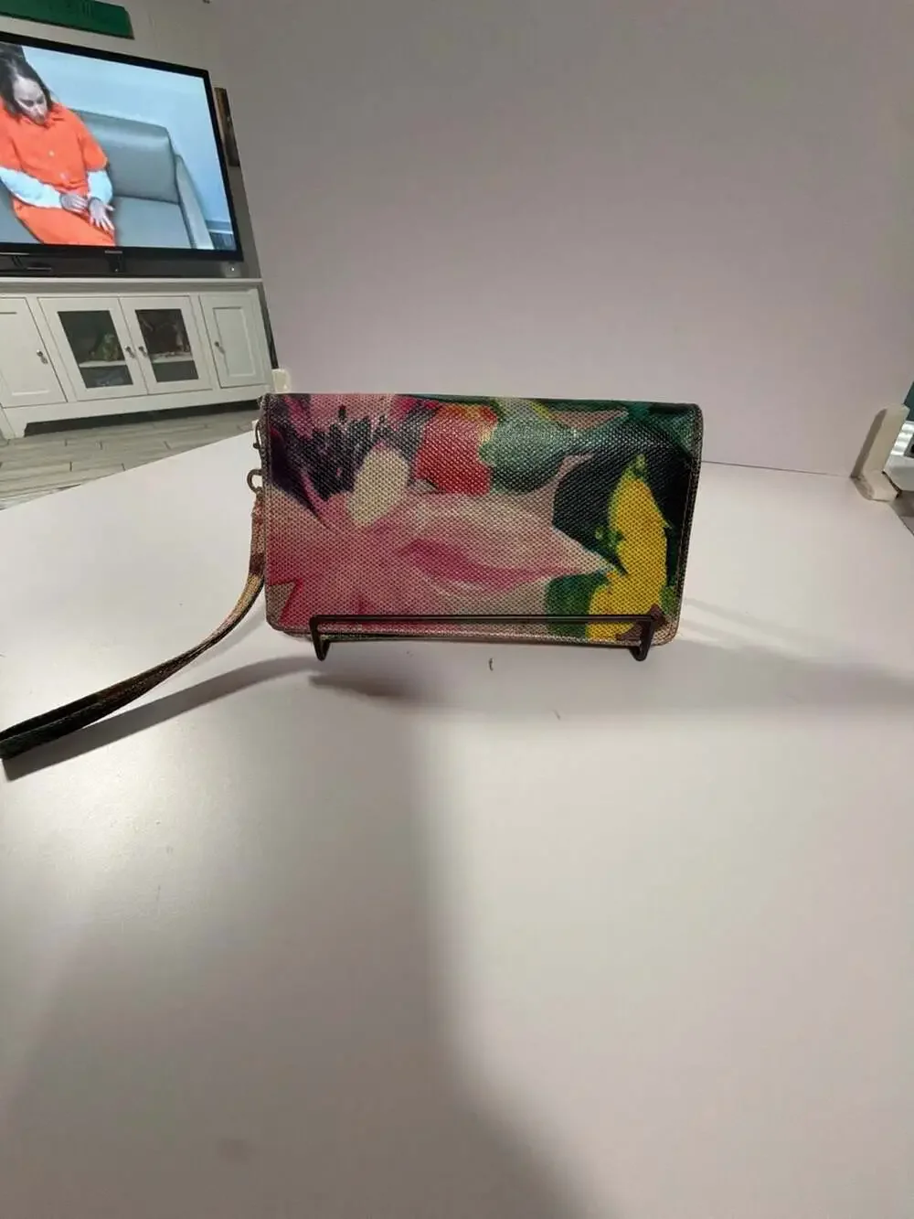 Floral Print Leather Clutch Wristlet